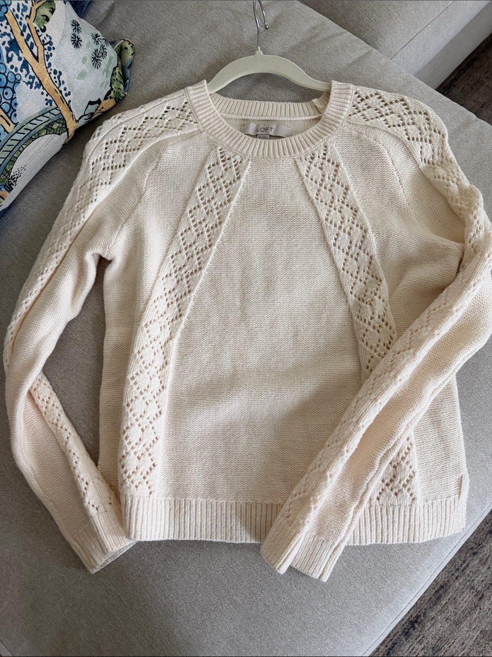 LOFT Cream Eyelet Panel Crewneck Sweater